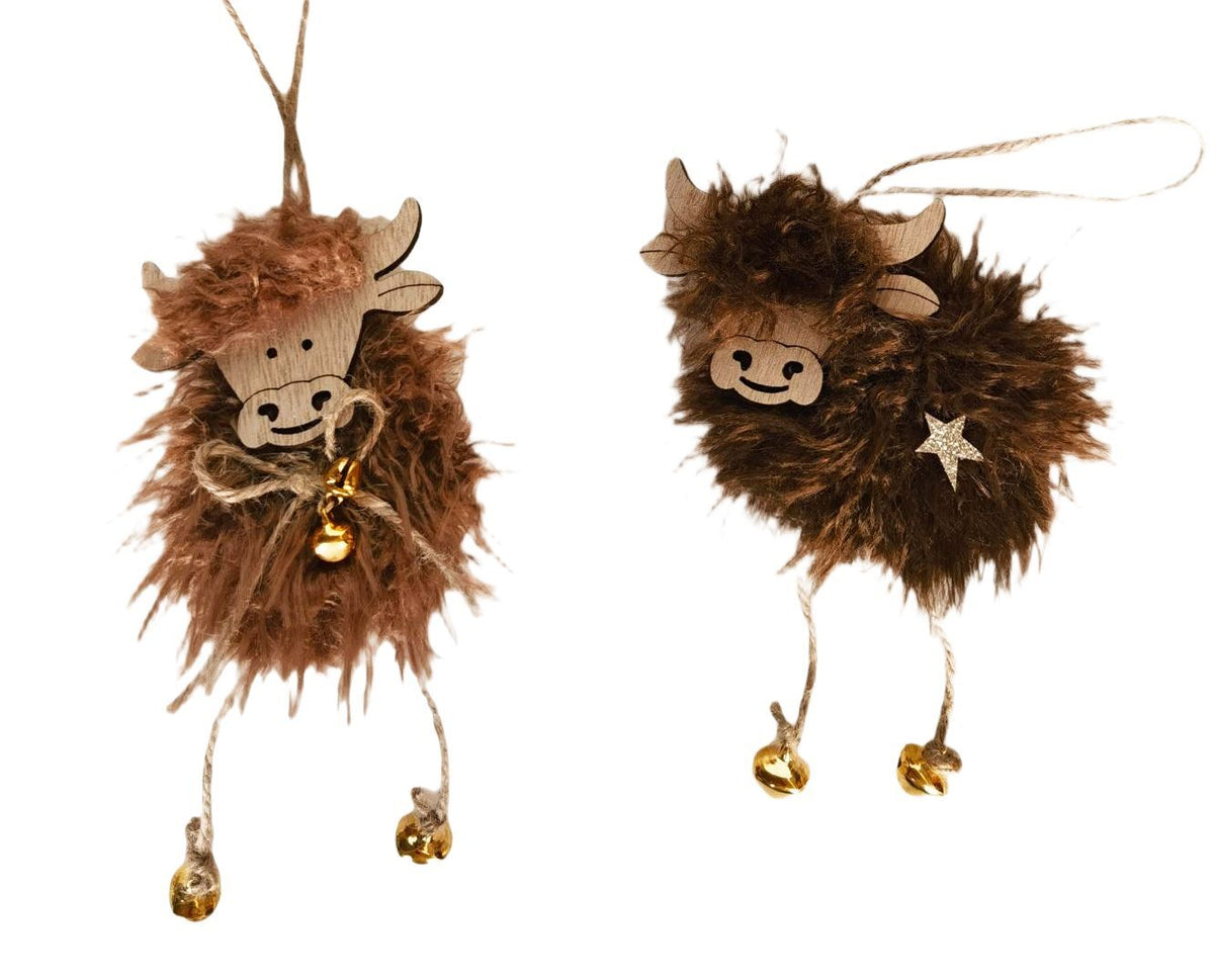 Highland Cow Fluffy Hanging Decoration Tan or Brown 13cm - Christmas Decorations Brisbane
