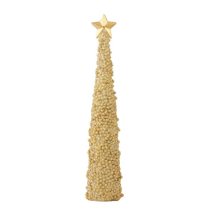 Cone-shaped tree adorned with gold embellishments and topped with a gold star