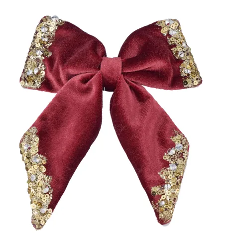 Red Bow with Gold Sequins Clip-On 15cm - Christmas Decorations Brisbane