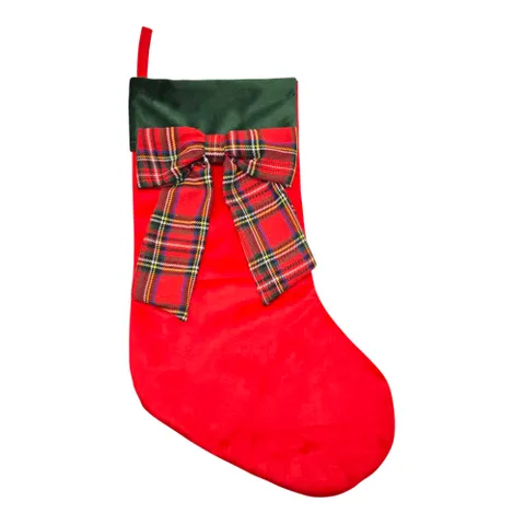 Stocking  Red Velvet Tartan Bow 45cm Red