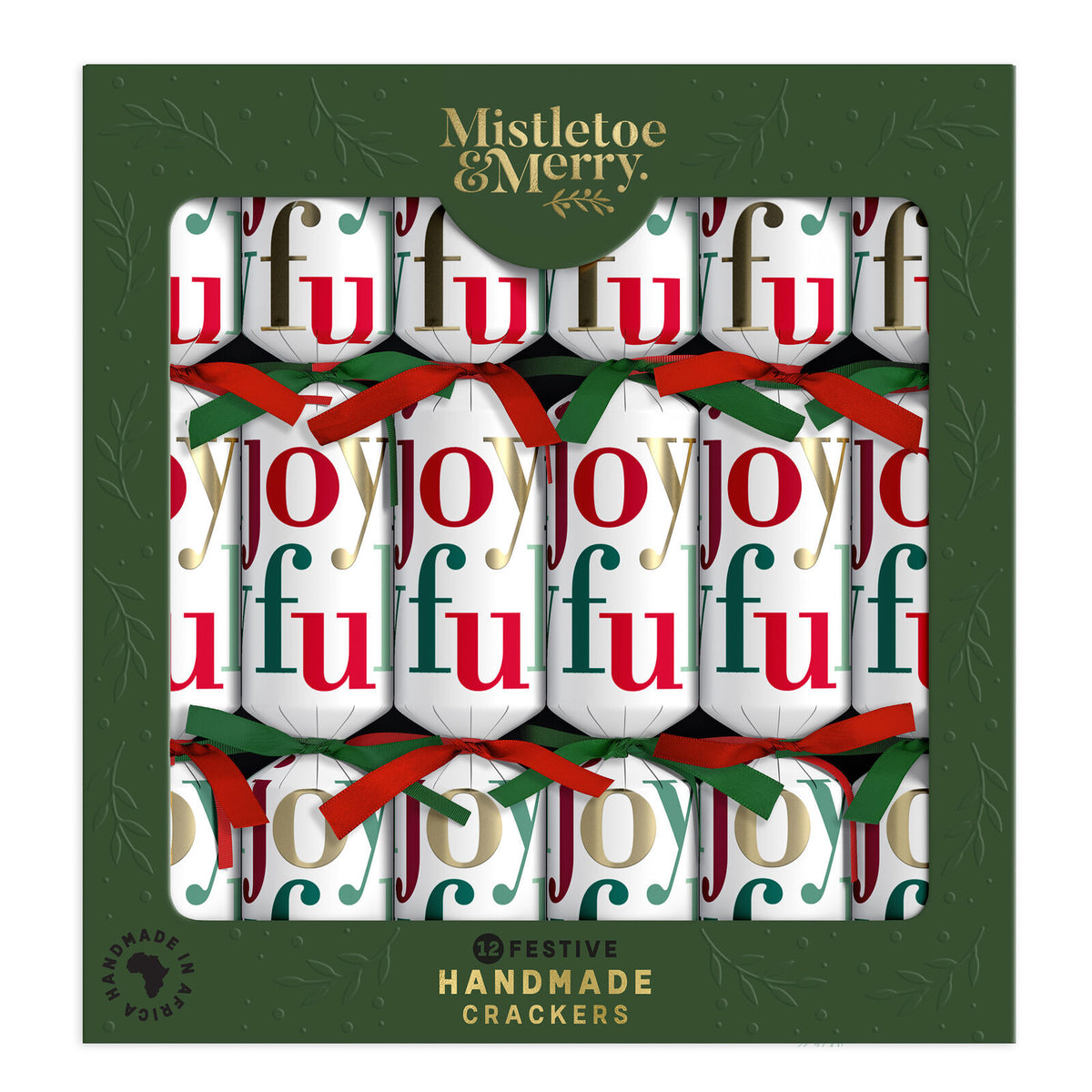 Christmas crackers with a "Joyful" pattern