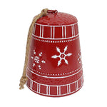 Red metal bell with white snowflake imagery and an attached rope for easy hanging
