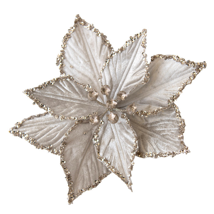 Poinsettia Flower Warm Grey Glitter Edge Clip On 22cm - Christmas Decorations Brisbane
