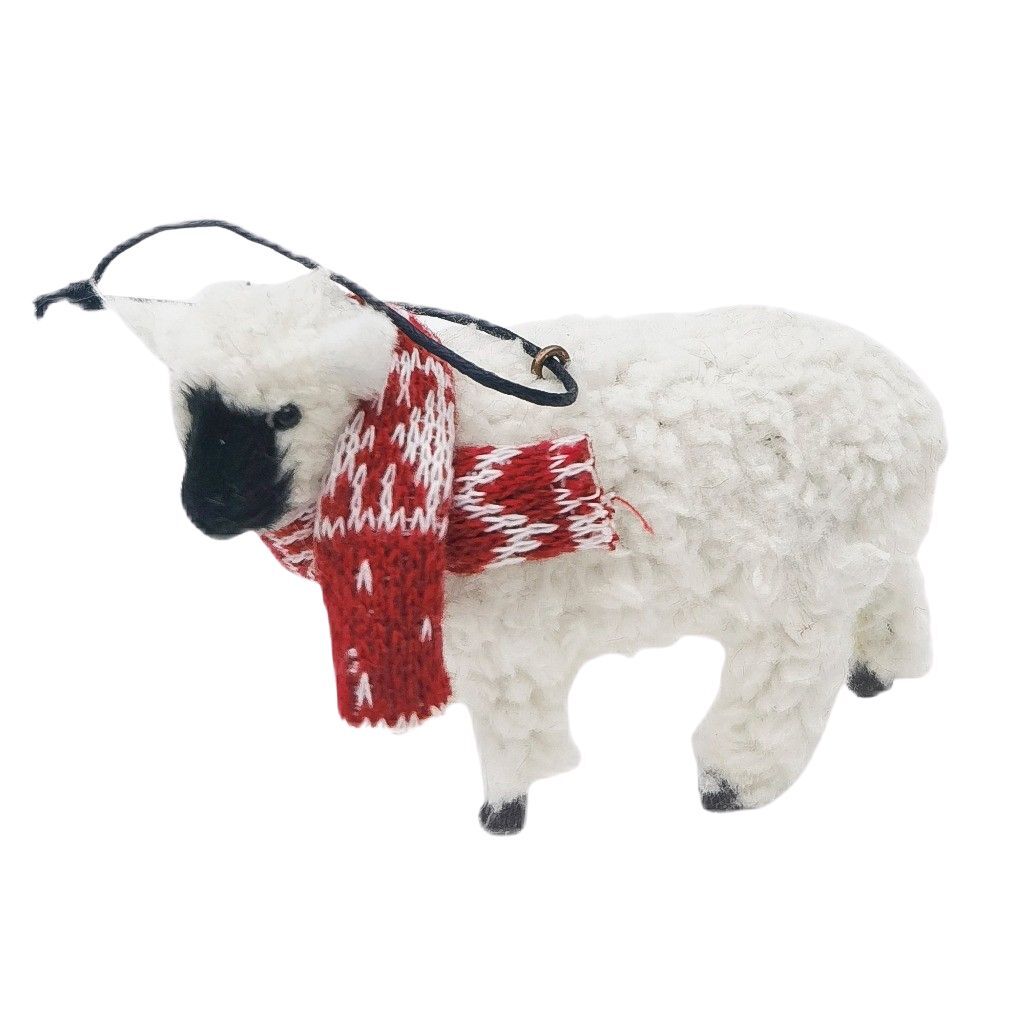 Fluffy sheep hanging ornament with festive scarf